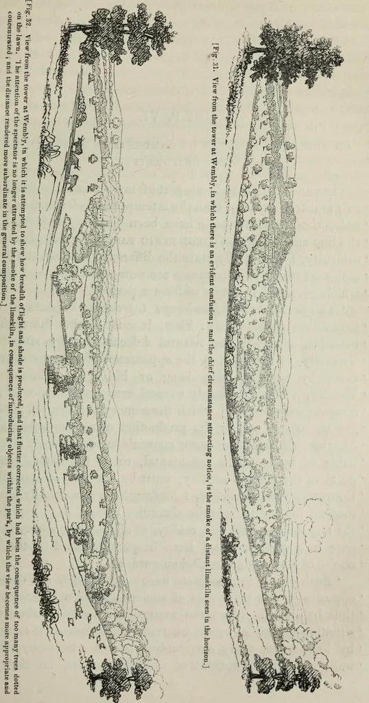 An illustration from The landscape gardening and landscape architecture of the late Humphry Repton, esq., being his entire works on these subjects : ...with historical and scientific introduction, a systematic analysis, a biographical notice, notes, and copious alphabetical index, 1840, leaf 124