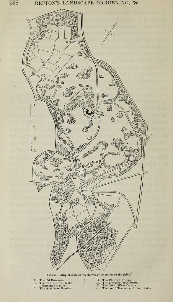 An illustration from The landscape gardening and landscape architecture of the late Humphry Repton, esq., being his entire works on these subjects : ...with historical and scientific introduction, a systematic analysis, a biographical notice, notes, and copious alphabetical index, 1840, leaf 229