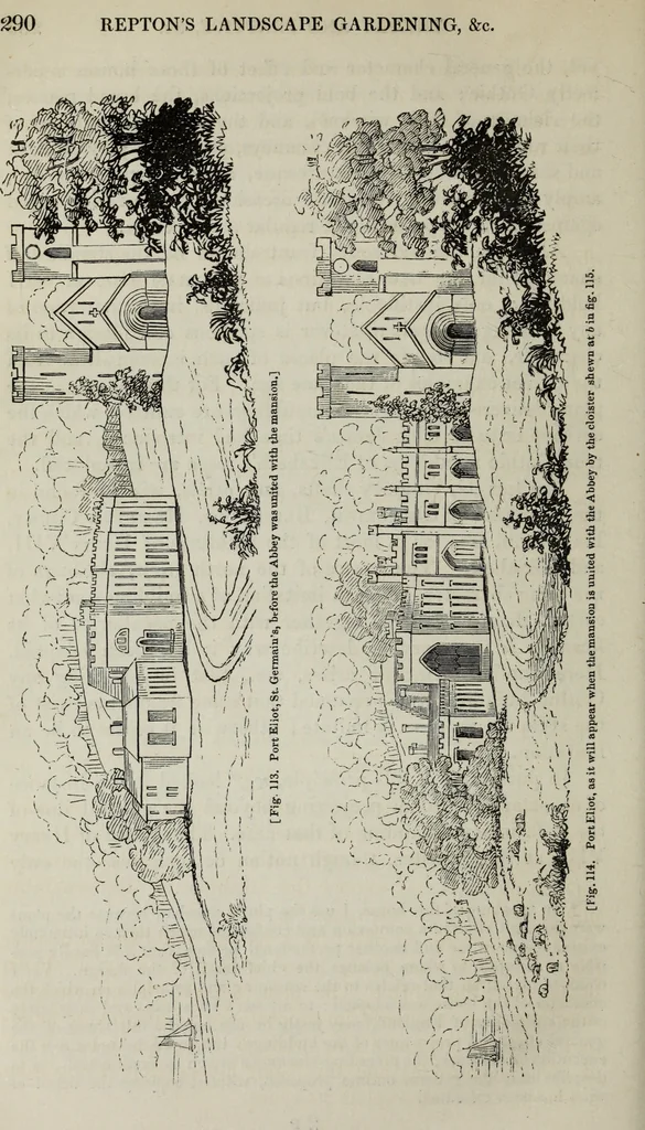 An illustration from The landscape gardening and landscape architecture of the late Humphry Repton, esq., being his entire works on these subjects : ...with historical and scientific introduction, a systematic analysis, a biographical notice, notes, and copious alphabetical index, 1840, leaf 331