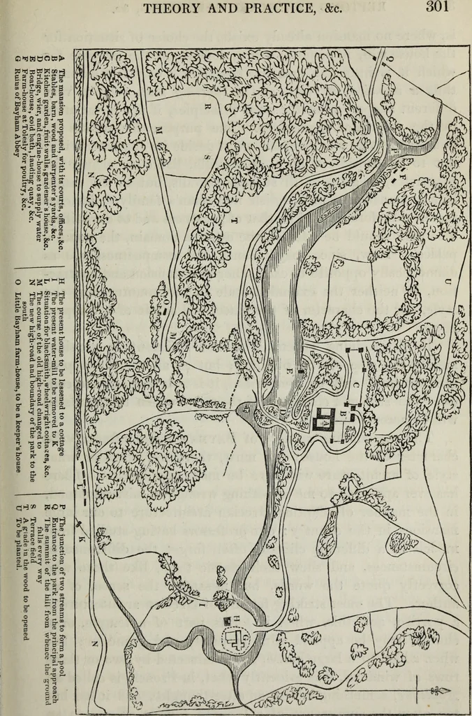 An illustration from The landscape gardening and landscape architecture of the late Humphry Repton, esq., being his entire works on these subjects : ...with historical and scientific introduction, a systematic analysis, a biographical notice, notes, and copious alphabetical index, 1840, leaf 342