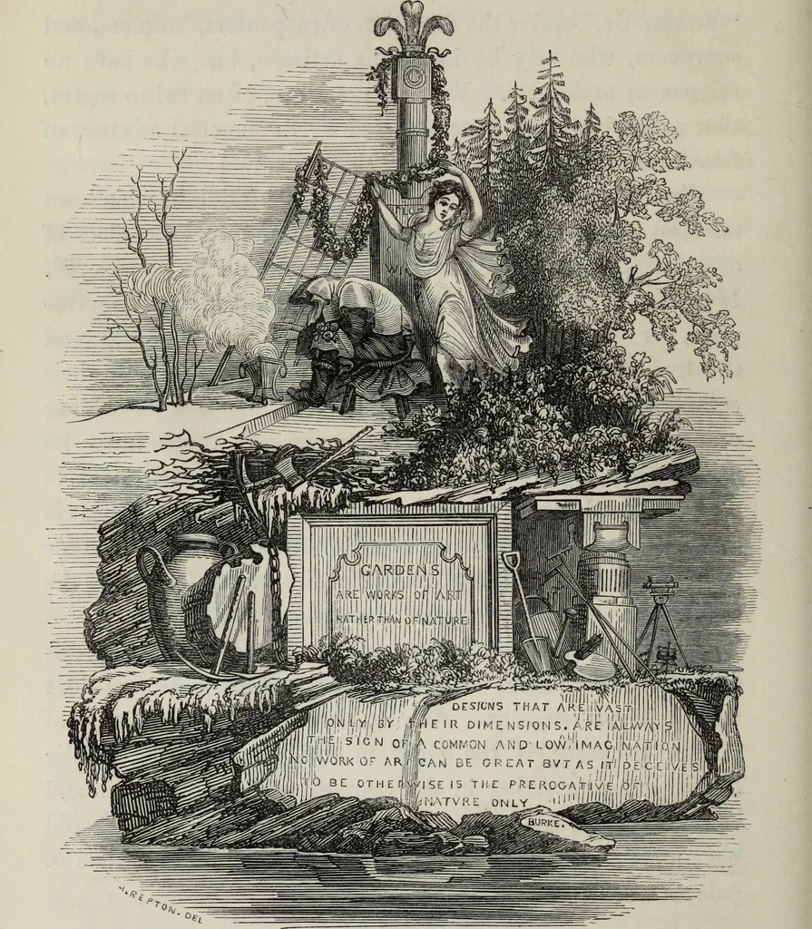 An illustration from The landscape gardening and landscape architecture of the late Humphry Repton, esq., being his entire works on these subjects : ...with historical and scientific introduction, a systematic analysis, a biographical notice, notes, and copious alphabetical index, 1840, leaf 415