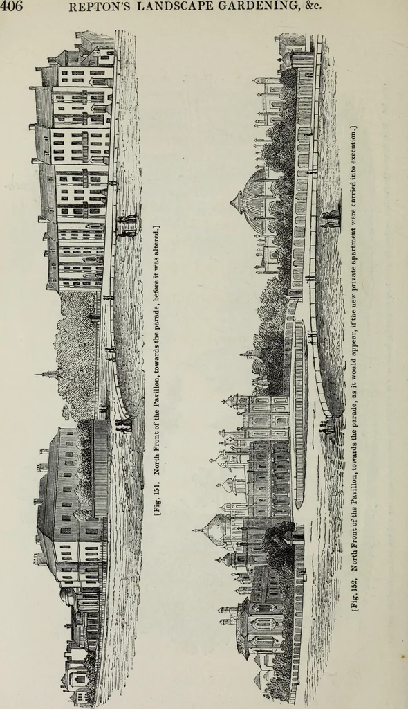 An illustration from The landscape gardening and landscape architecture of the late Humphry Repton, esq., being his entire works on these subjects : ...with historical and scientific introduction, a systematic analysis, a biographical notice, notes, and copious alphabetical index, 1840, leaf 447