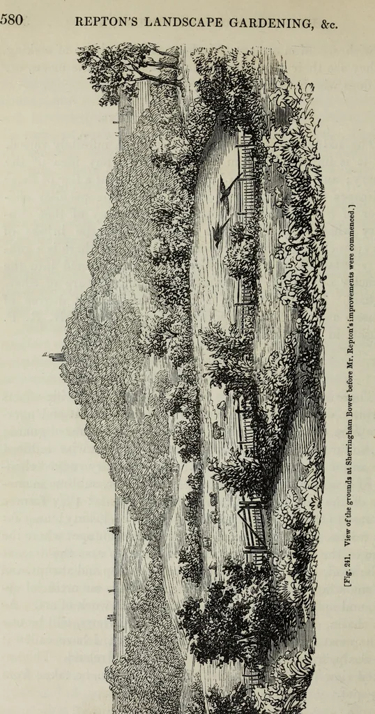 An illustration from The landscape gardening and landscape architecture of the late Humphry Repton, esq., being his entire works on these subjects : ...with historical and scientific introduction, a systematic analysis, a biographical notice, notes, and copious alphabetical index, 1840, leaf 621