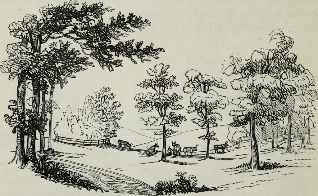 An illustration from The landscape gardening and landscape architecture of the late Humphry Repton, esq., being his entire works on these subjects : ...with historical and scientific introduction, a systematic analysis, a biographical notice, notes, and copious alphabetical index, 1840, leaf 83