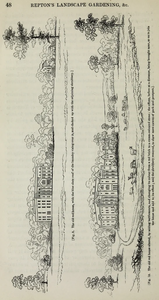 An illustration from The landscape gardening and landscape architecture of the late Humphry Repton, esq., being his entire works on these subjects : ...with historical and scientific introduction, a systematic analysis, a biographical notice, notes, and copious alphabetical index, 1840, leaf 89