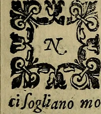 An illustration from La nobilta di Milano, diuisa in sei libri. Nel primo, si narra di tvtti i santi, e beati, di patria milanesi. Co'l numero, e nome de' corpi santi, e reliquie notabili, chiese, monasterij, hospitali, e case pie, che sono nella città, e diocesi di Milano. Nel secondo, si descriuono tutti i papi, cardinali, arciuescoui, vescoui, e prelati graduati milanesi. Nel terzo, si ragiona di tutti i letterati, e componitori milanesi, in qualunque sorte de studij. Nel quarto, si tratta di tutti i rè, imperatori, & huomini valenti, famosi nella militia dell'istessa patria. Con le guerre fatte da milanesi, con altre città. Nel quinto, si fauella de' pittori, scultori, architteti, miniatori, & altri virtuosi, in diuerse sorti di virtù, milanesi. Nel sesto, leggesi le grandezze de' milanesi, la nobiltà di molte casate, le fertilità de' campi, l'anticaglie, e quei c'hanno dominato questa città, et altre cose degne da sapersi, 1595, leaf 88
