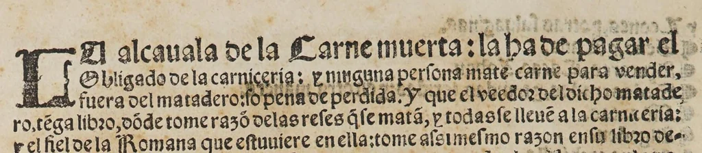 An illustration from La orde[n] que vos los juezes officiales de Su Magestad d[e]sta Nueua España y nueuo Reyno de Galizia, y de la ciudad y puerto d[e] la Vera Cruz y prouincias de Yucatan, y Nueua Vizcaya: : cada vno en su districto aueys de tener, y guardar, en la administracion y cobrança de la renta de alcauala, que Su Magestad manda pagar, con las personas q[ue] la administraren, y cobraren: y ellos con los que la han pagar., 1574, leaf 12