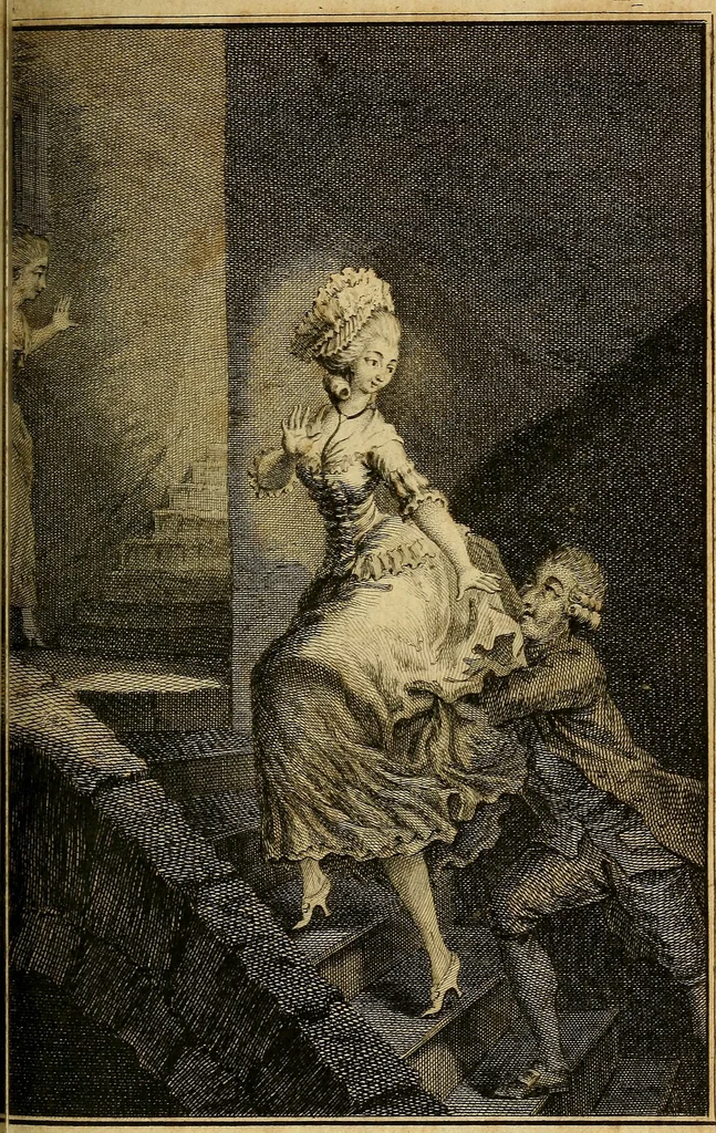 An illustration from La paysane pervertie, ou Les dangers de la ville : histoire d'Ursule R**, sur d'Edmond, le paysan, mise-au-jour d'après les véritables lettres des personages ..., 1784, leaf 102