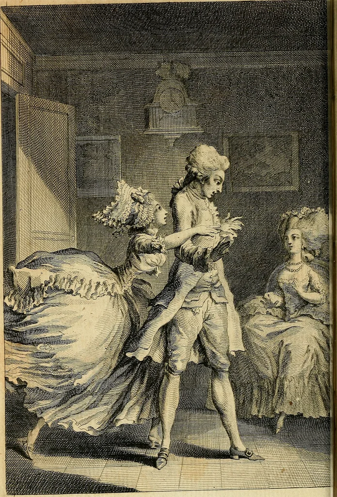 An illustration from La paysane pervertie, ou Les dangers de la ville : histoire d'Ursule R**, sur d'Edmond, le paysan, mise-au-jour d'après les véritables lettres des personages ..., 1784, leaf 51