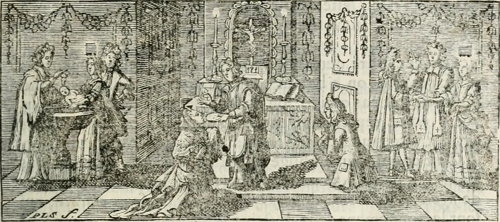 An illustration from La Perpétuité de la foy de l'Eglise catholique touchant l'Eucharistie, déffendue contre les livres du Sieur Claude, ministre de Charenton, 1670, leaf 38