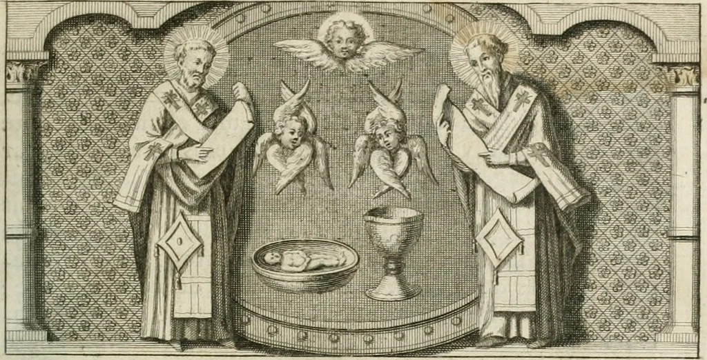 An illustration from La Perpétuité de la foy de l'Eglise catholique touchant l'Eucharistie, déffendue contre les livres du Sieur Claude, ministre de Charenton, 1670, leaf 32