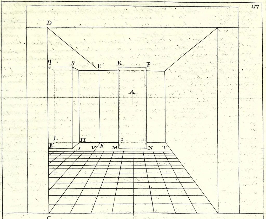 An illustration from La perspectiue affranchie : contenant la vraye et naturele pratique jusques icy inconnue, et jugée impossible, par laquelle l'on peut representer toutes sortes de figures, planes ou solides, droites ou inclinées, et leurs ombres pareillement, par leurs propres lignes : et en faire vne infinite de semblables, de toutes grandeurs, et en tous lieux, par vn seul et mesme moyen : sans tracer ny supposer le plan geometral ordinaire : avec la theorie familiere, 1661, leaf 153