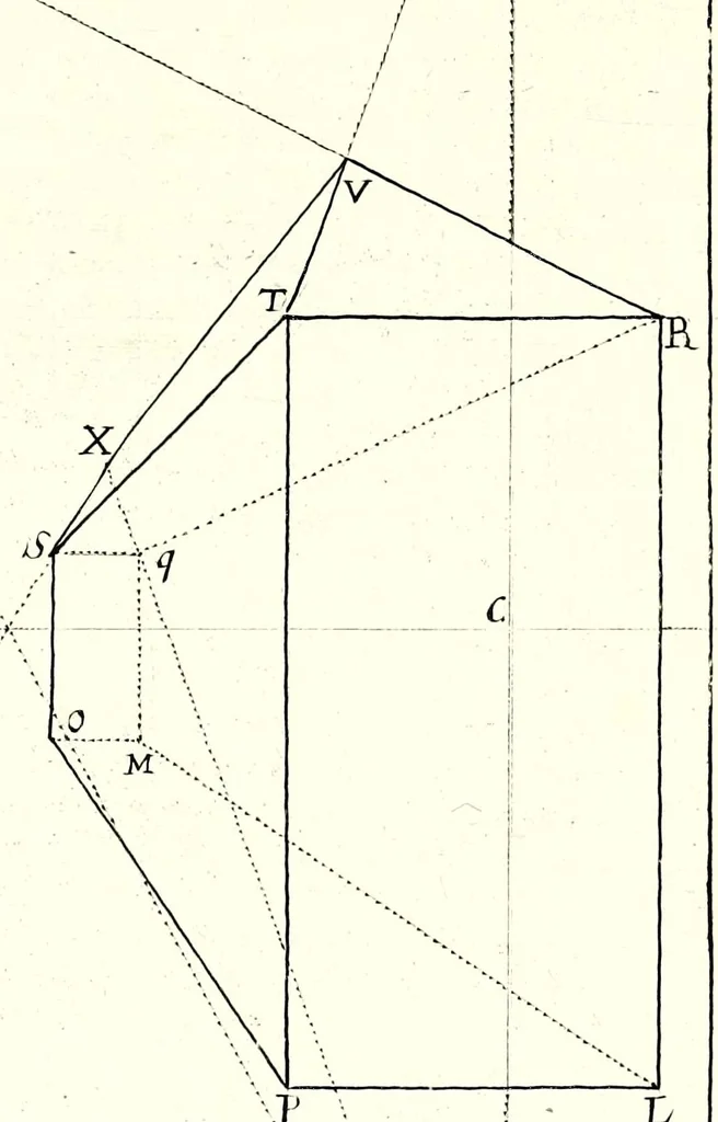 An illustration from La perspectiue affranchie : contenant la vraye et naturele pratique jusques icy inconnue, et jugée impossible, par laquelle l'on peut representer toutes sortes de figures, planes ou solides, droites ou inclinées, et leurs ombres pareillement, par leurs propres lignes : et en faire vne infinite de semblables, de toutes grandeurs, et en tous lieux, par vn seul et mesme moyen : sans tracer ny supposer le plan geometral ordinaire : avec la theorie familiere, 1661, leaf 73