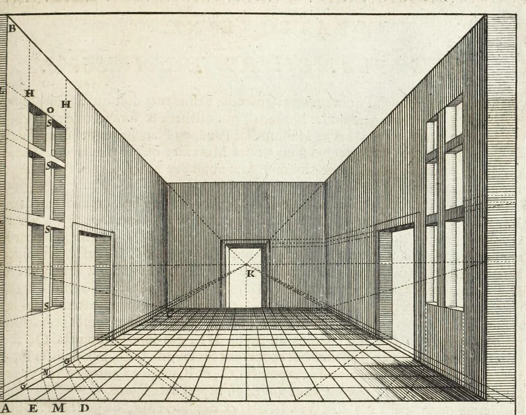 An illustration from La perspectiue pratique : necessaire a tous peintres, graueurs, sculpteurs, architectes, orfeures, brodeurs, tapissiers, et autres qui se meslent de desseigner, 1647, leaf 183