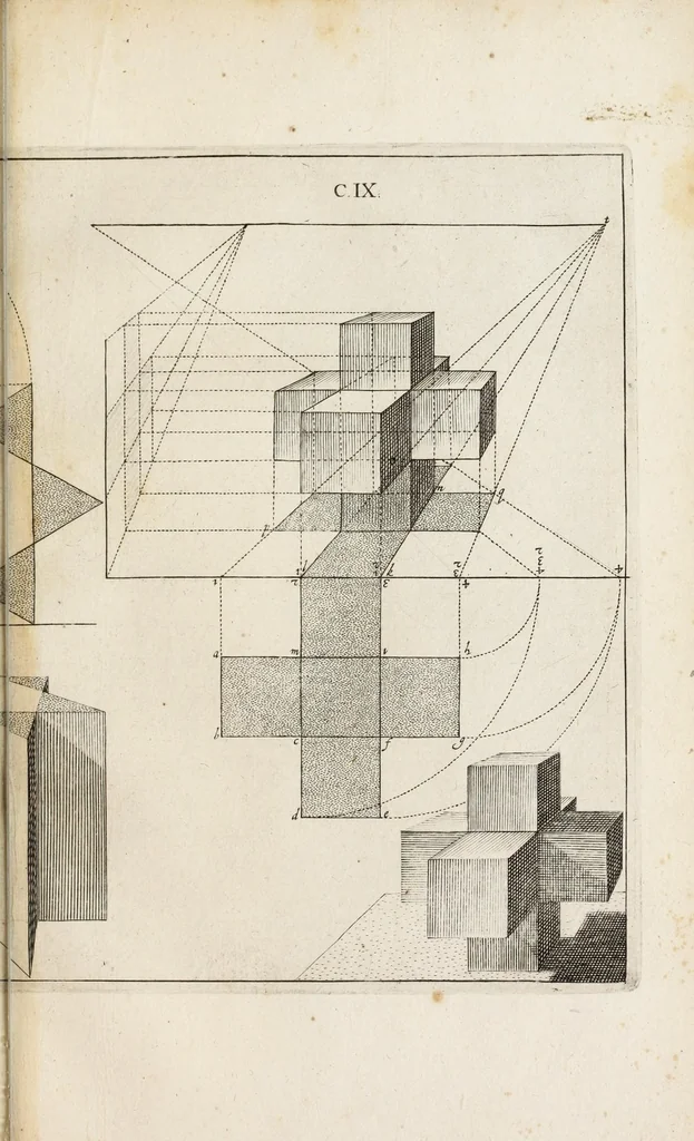 An illustration from La perspective, contenant tant la theorie que la practique et instruction fondamentale d'icelle : remise en volume plus commode qu'auparavant : avec un grand nombre de figures en taille douce, pour tant mieux faciliter et amplifier tout ce qui est de requis en ceste science, 1638, leaf 199