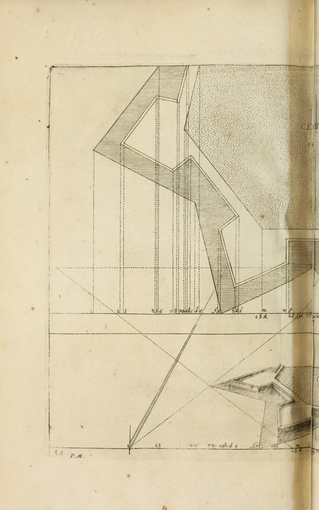An illustration from La perspective, contenant tant la theorie que la practique et instruction fondamentale d'icelle : remise en volume plus commode qu'auparavant : avec un grand nombre de figures en taille douce, pour tant mieux faciliter et amplifier tout ce qui est de requis en ceste science, 1638, leaf 274