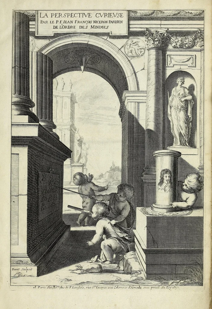 An illustration from La perspective cvrievse dv reverend P. Niceron, minime, divisée en qvatre livres. Avec L'optiqve et la catoptriqve du R. P. Mersenne ... mise en lumiere aprés la mort de l'autheur ..., 1663, leaf 7