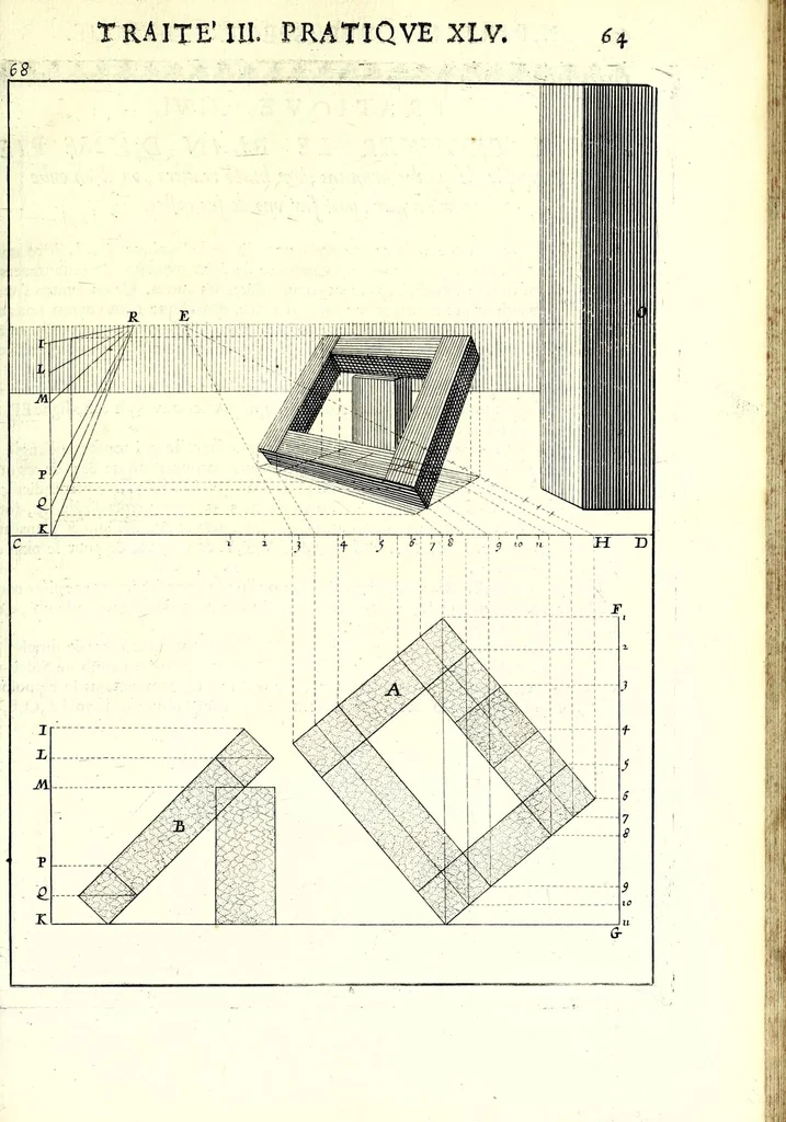 An illustration from La perspective pratiqve : necessaire a tovs peintres, graveurs, architectes, brodeurs, scvlpteurs, orfevres, tapissiers, et autres qui se meslent de desseigner, 1663, leaf 171