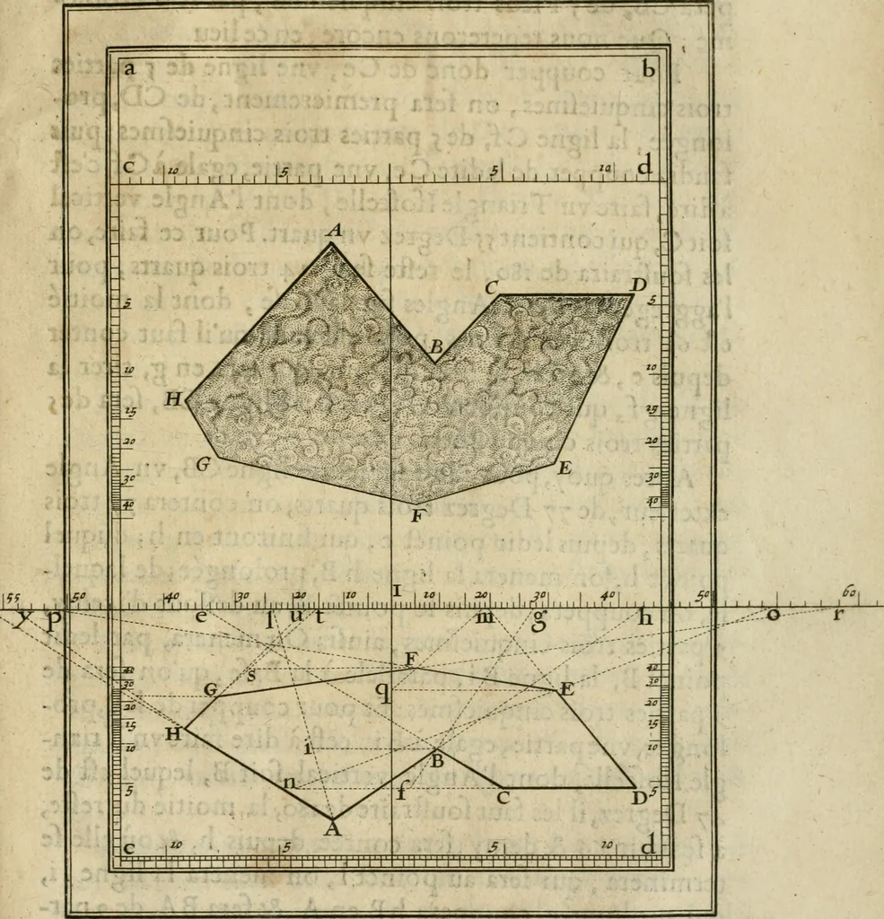 An illustration from La perspective speculative, et pratique : ou sont demonstrez les fondemens de cet art, & de tout ce qui en a esté enseigné jusqu'à present : ensemble la maniere vniverselle de la pratiquer, non seulement sans plan geometral, & sans tiers poinct, dedans ni dehors le champ du tableau : mais encores par le moyen de la ligne, communément appellée horisontale, 1643, leaf 158