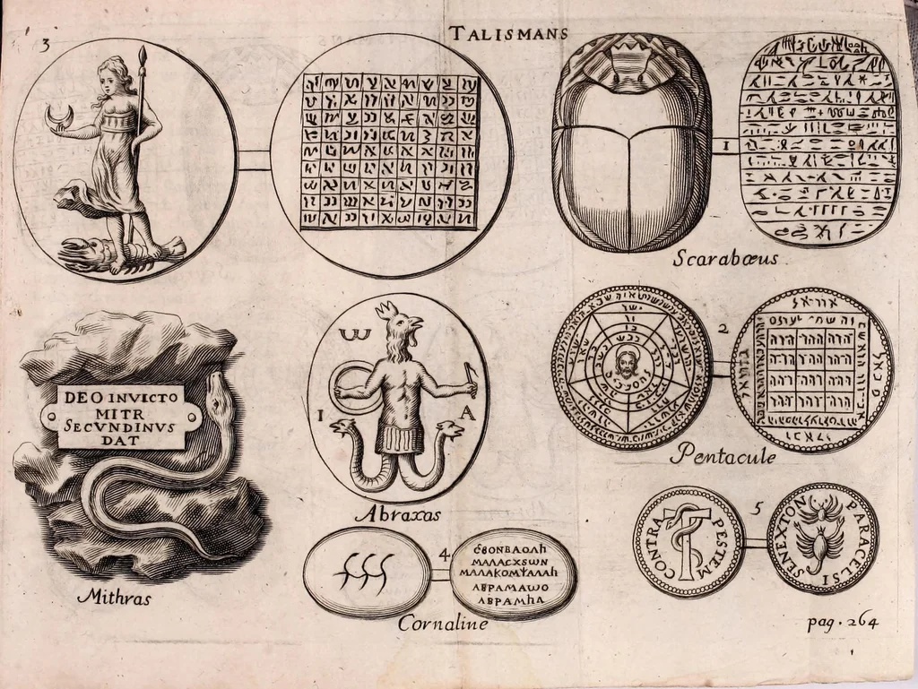 An illustration from La philosophie des images enigmatiques, ou il est traité des enigmes, hieroglyphiques, oracles, propheties, sorts, divinations, loteries, talismans, songes, centuries de Nostradamus, de la baguette, 1694, leaf 293