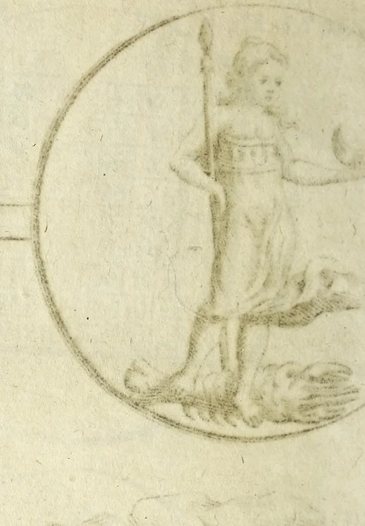 An illustration from La philosophie des images enigmatiques, ou il est traité des enigmes, hieroglyphiques, oracles, propheties, sorts, divinations, loteries, talismans, songes, centuries de Nostradamus, de la baguette, 1694, leaf 294