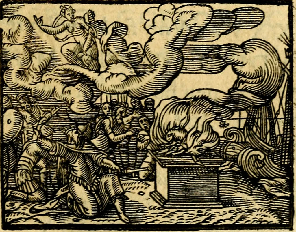 An illustration from La philosophie des images : composée d'un ample recueil de devises, & du jugement de tous les ouvrages qui ont êté faits sur cette matiere, 1682, leaf 232