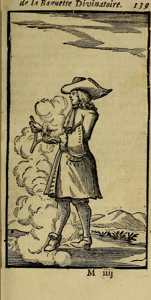 An illustration from La physique occulte, ou Traité de la baguette divinatoire et de son utilité pour la découverte des sources d'eau, des miniéres, des tresors cachez, des voleurs & des meurtriers fugitifs. : Avec des principes qui expliquent les phénoménes les plus obscurs de la nature., 1693, leaf 172