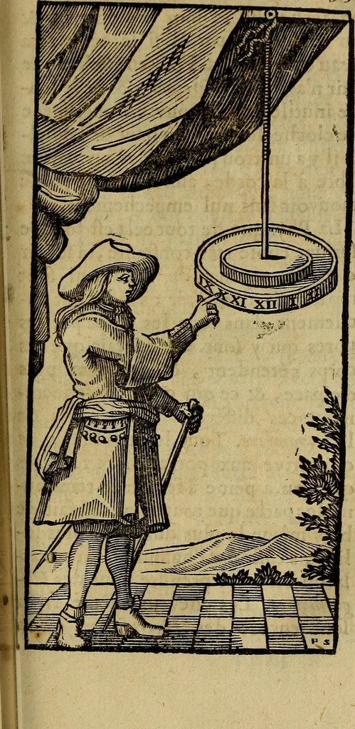 An illustration from La physique occulte, ou Traité de la baguette divinatoire et de son utilité pour la découverte des sources d'eau, des miniéres, des tresors cachez, des voleurs & des meurtriers fugitifs. : Avec des principes qui expliquent les phénoménes les plus obscurs de la nature., 1693, leaf 372