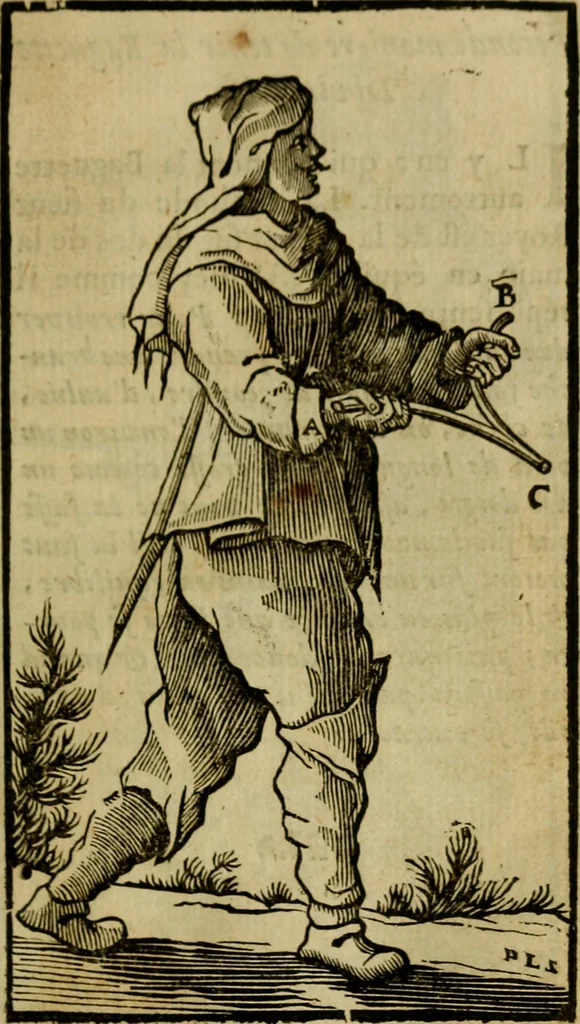 An illustration from La physique occulte, ou Traité de la baguette divinatoire et de son utilité pour la découverte des sources d'eau, des miniéres, des tresors cachez, des voleurs & des meurtriers fugitifs. : Avec des principes qui expliquent les phénoménes les plus obscurs de la nature., 1693, leaf 56