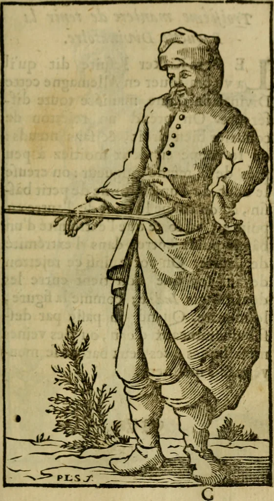 An illustration from La physique occulte, ou Traité de la baguette divinatoire et de son utilité pour la découverte des sources d'eau, des miniéres, des tresors cachez, des voleurs & des meurtriers fugitifs. : Avec des principes qui expliquent les phénoménes les plus obscurs de la nature., 1693, leaf 58