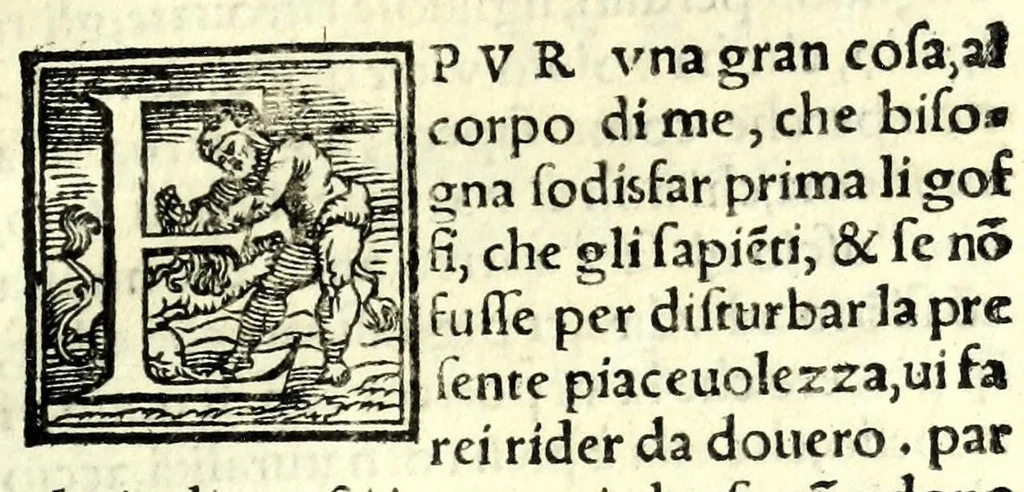 An illustration from La piacevole, et giocosa comedia di m. Andrea Calmo intitolata Il Saltvzza : non piv venvta in luce, cosa bellissima, 1551, leaf 7