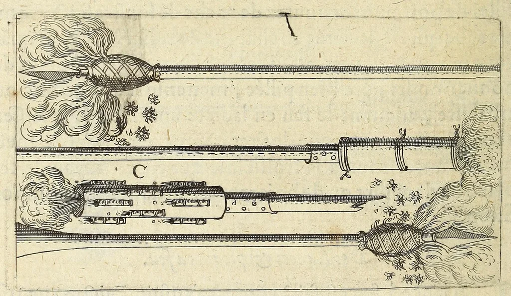 An illustration from La pyrotechnie de Hanzelet lorrain, ou sont representez les plus rares & plus appreuuez secrets des machines & des feux artificiels, propres pour assieger, battre, surprende & deffendre toutes places, 1630, leaf 176