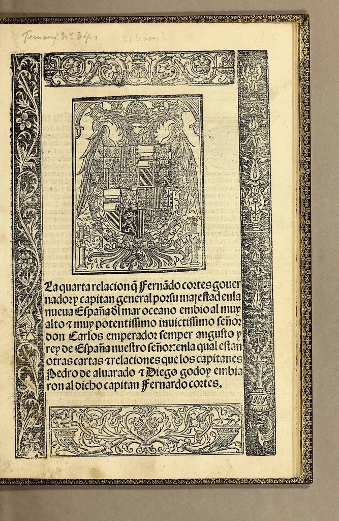 An illustration from La quarta relacion q[ue] Ferna[n]do Cortes gouernador y capitan general porsu majestad enla Nueua España d[e]l mar oceano embio al muy alto [y] muy potentissimo inuictissimo señor don Carlos emperador semper angusto [sic] y rey de España nuestro señor : enla qual estan otras cartas [y] relaciones que los capitanes Pedro de Aluarado [y] Diego Godoy embiaron al dicho capitan Fernardo [sic] Cortes, 1525, leaf 7