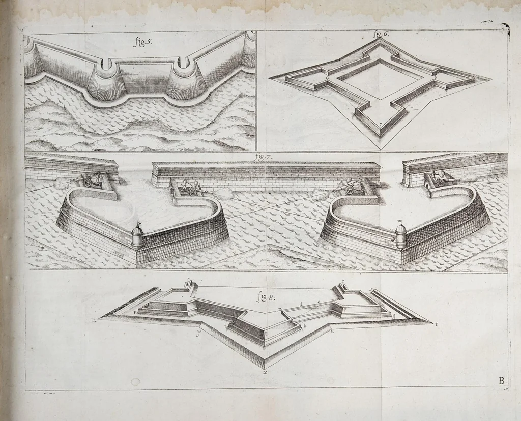 An illustration from L'architecture militaire, ou, La fortification nouuelle : augmentée et enrichie de forteresses regulieres, irregulieres, et de dehors : le tout a la practique moderne, 1668, leaf 13