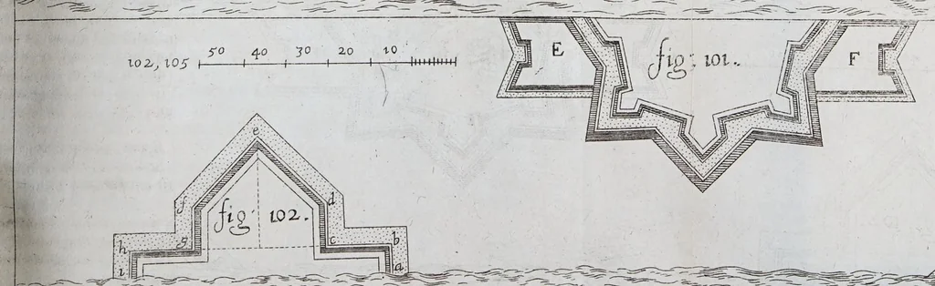 An illustration from L'architecture militaire, ou, La fortification nouuelle : augmentée et enrichie de forteresses regulieres, irregulieres, et de dehors : le tout a la practique moderne, 1668, leaf 167