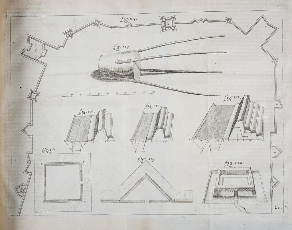 An illustration from L'architecture militaire, ou, La fortification nouuelle : augmentée et enrichie de forteresses regulieres, irregulieres, et de dehors : le tout a la practique moderne, 1668, leaf 205