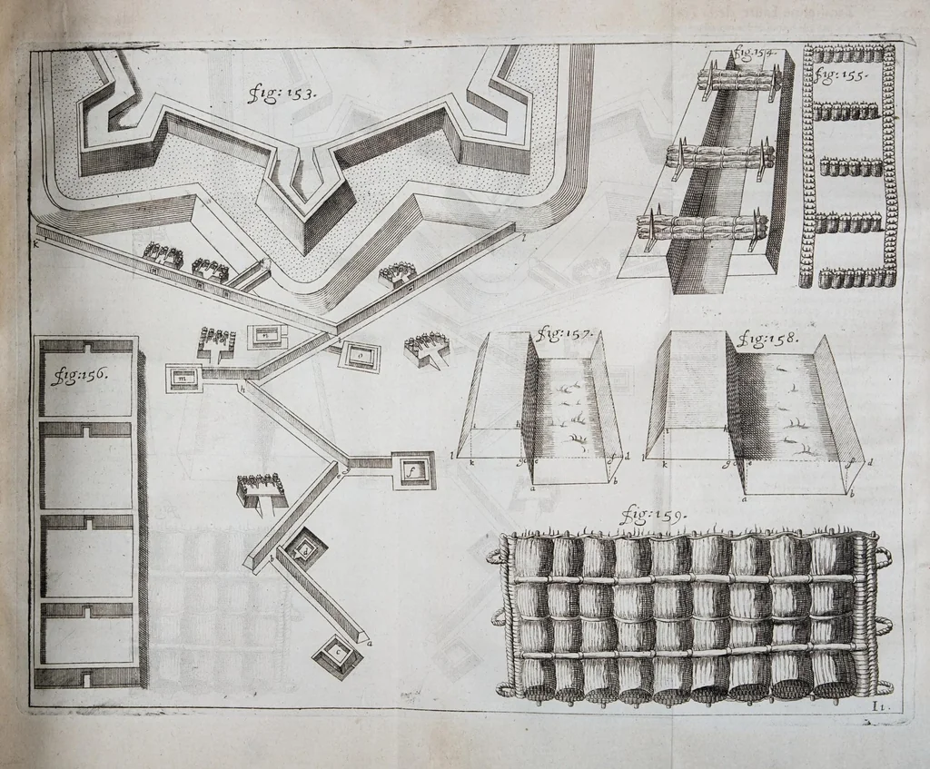 An illustration from L'architecture militaire, ou, La fortification nouuelle : augmentée et enrichie de forteresses regulieres, irregulieres, et de dehors : le tout a la practique moderne, 1668, leaf 247