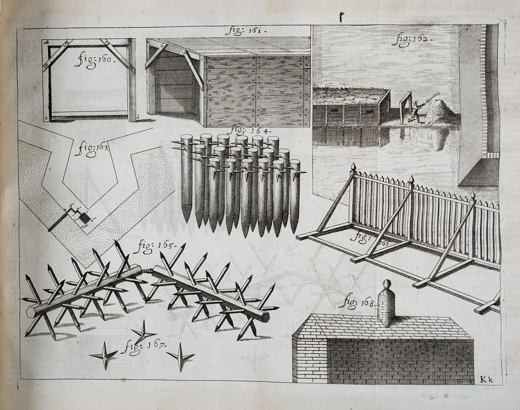 An illustration from L'architecture militaire, ou, La fortification nouuelle : augmentée et enrichie de forteresses regulieres, irregulieres, et de dehors : le tout a la practique moderne, 1668, leaf 255