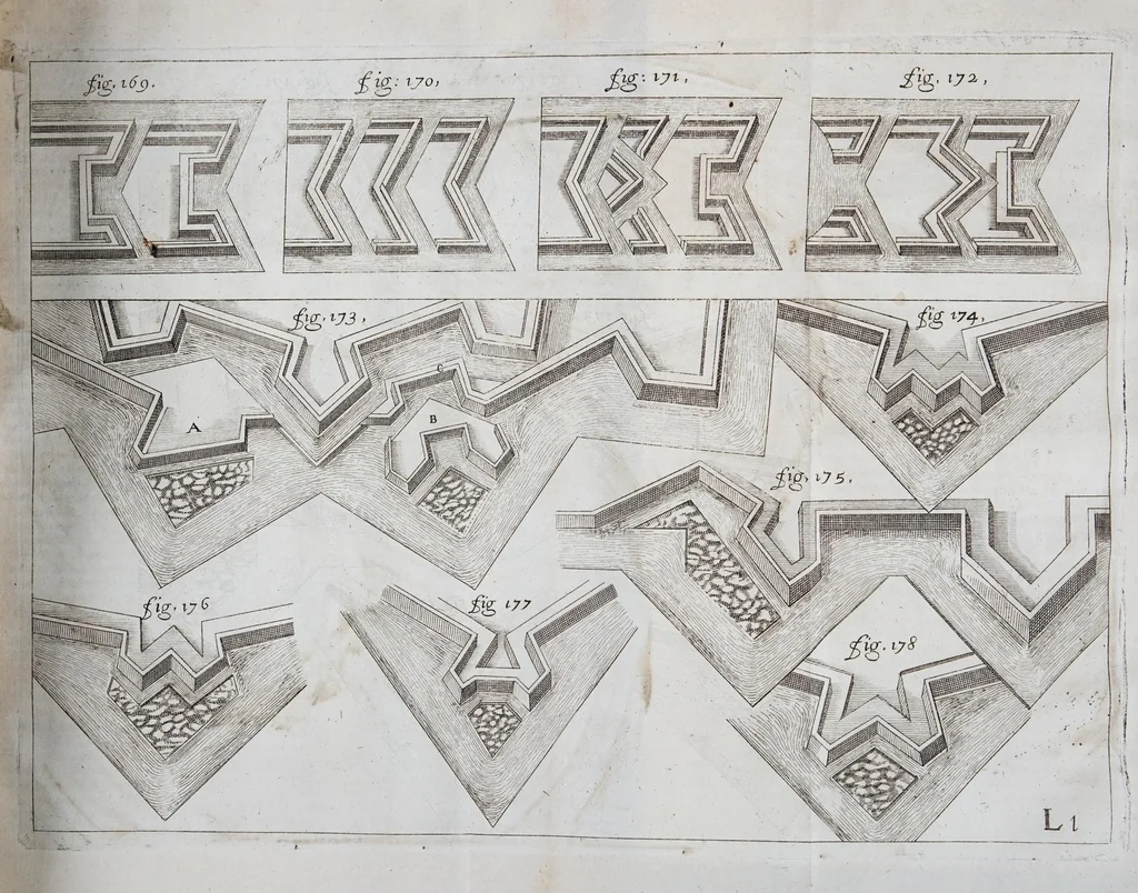 An illustration from L'architecture militaire, ou, La fortification nouuelle : augmentée et enrichie de forteresses regulieres, irregulieres, et de dehors : le tout a la practique moderne, 1668, leaf 265