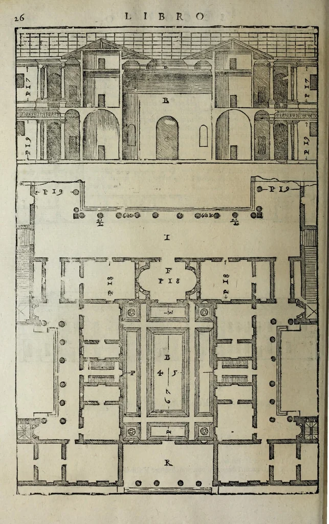 An illustration from L'architettura di Andrea Palladio diuisa in quattro libri : ne' quali, dopò vn breue trattato de' cinque ordini, et di quelli auertimenti, c[he] sono più necessarij nel fabricare : si tratta delle case priuate, delle vie, dei ponti, delle piazze, dei xisti, et de tempij, 1642, leaf 104