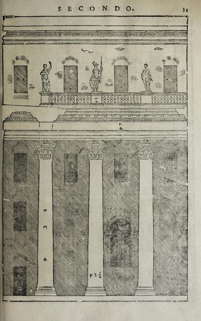 An illustration from L'architettura di Andrea Palladio diuisa in quattro libri : ne' quali, dopò vn breue trattato de' cinque ordini, et di quelli auertimenti, c[he] sono più necessarij nel fabricare : si tratta delle case priuate, delle vie, dei ponti, delle piazze, dei xisti, et de tempij, 1642, leaf 109
