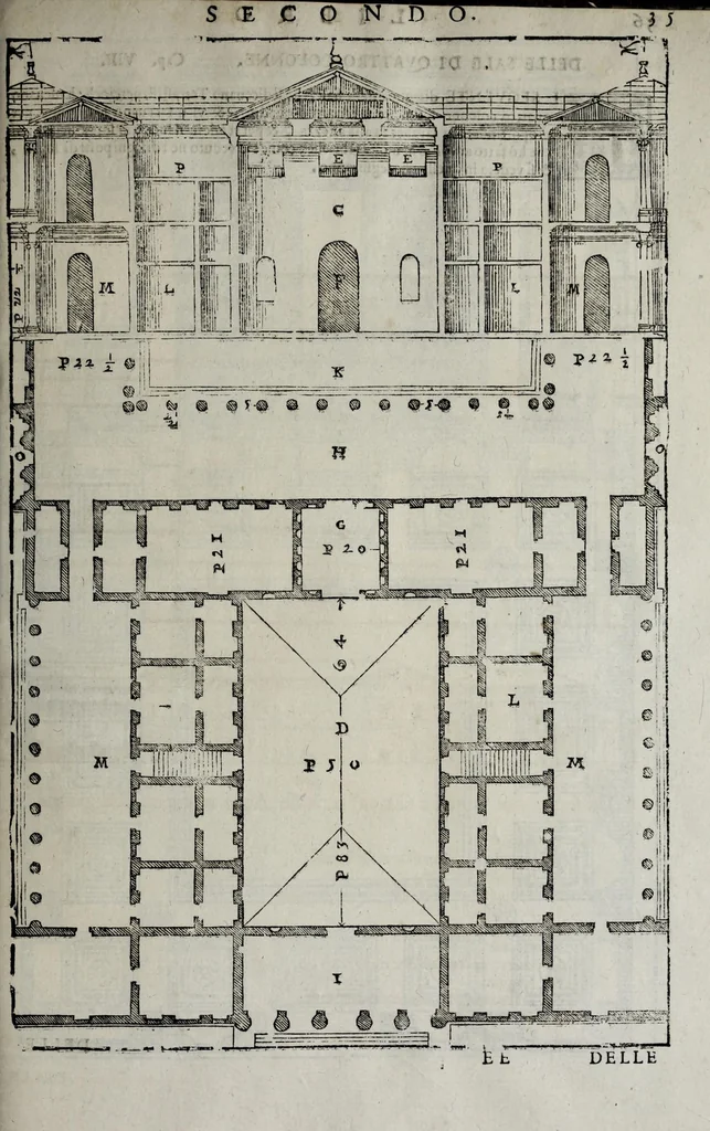 An illustration from L'architettura di Andrea Palladio diuisa in quattro libri : ne' quali, dopò vn breue trattato de' cinque ordini, et di quelli auertimenti, c[he] sono più necessarij nel fabricare : si tratta delle case priuate, delle vie, dei ponti, delle piazze, dei xisti, et de tempij, 1642, leaf 113