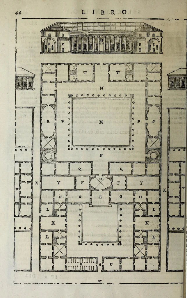 An illustration from L'architettura di Andrea Palladio diuisa in quattro libri : ne' quali, dopò vn breue trattato de' cinque ordini, et di quelli auertimenti, c[he] sono più necessarij nel fabricare : si tratta delle case priuate, delle vie, dei ponti, delle piazze, dei xisti, et de tempij, 1642, leaf 122