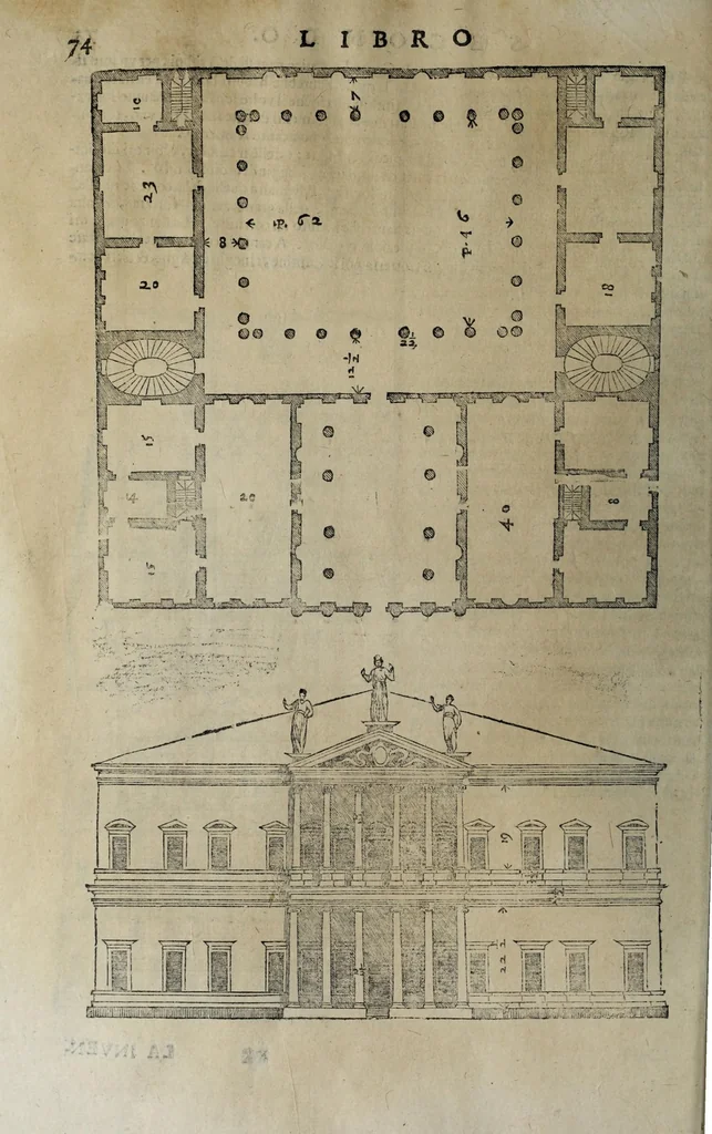 An illustration from L'architettura di Andrea Palladio diuisa in quattro libri : ne' quali, dopò vn breue trattato de' cinque ordini, et di quelli auertimenti, c[he] sono più necessarij nel fabricare : si tratta delle case priuate, delle vie, dei ponti, delle piazze, dei xisti, et de tempij, 1642, leaf 152