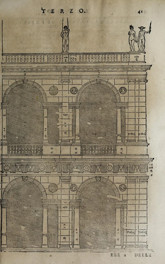 An illustration from L'architettura di Andrea Palladio diuisa in quattro libri : ne' quali, dopò vn breue trattato de' cinque ordini, et di quelli auertimenti, c[he] sono più necessarij nel fabricare : si tratta delle case priuate, delle vie, dei ponti, delle piazze, dei xisti, et de tempij, 1642, leaf 199
