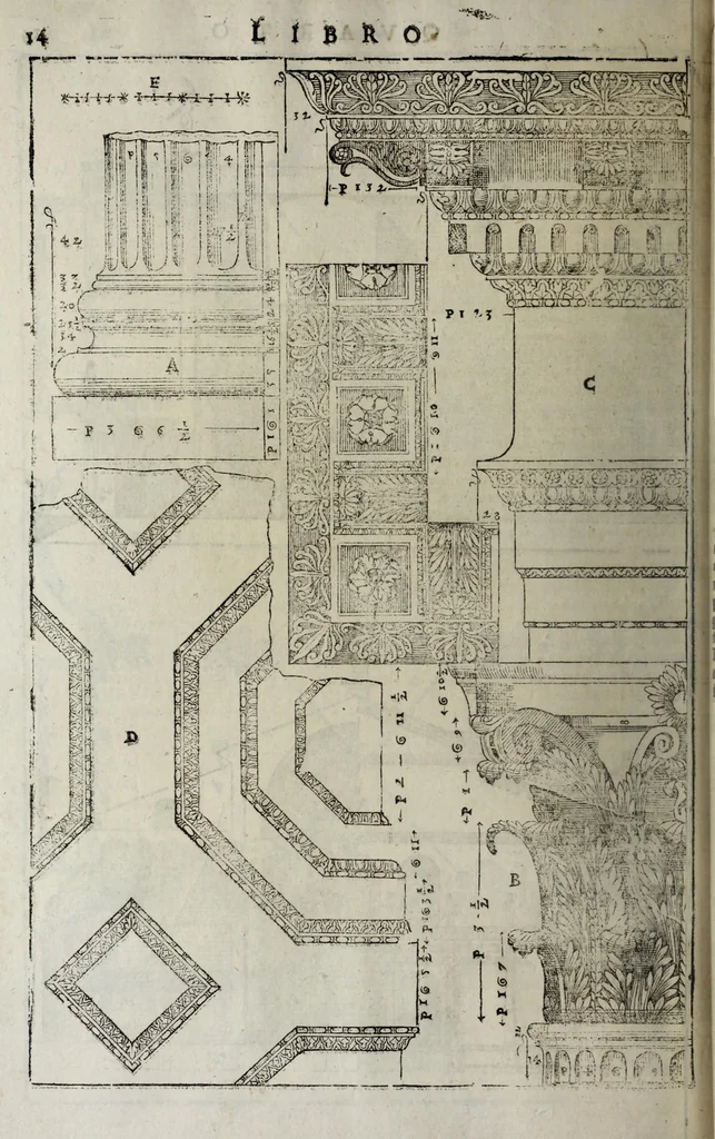 An illustration from L'architettura di Andrea Palladio diuisa in quattro libri : ne' quali, dopò vn breue trattato de' cinque ordini, et di quelli auertimenti, c[he] sono più necessarij nel fabricare : si tratta delle case priuate, delle vie, dei ponti, delle piazze, dei xisti, et de tempij, 1642, leaf 218