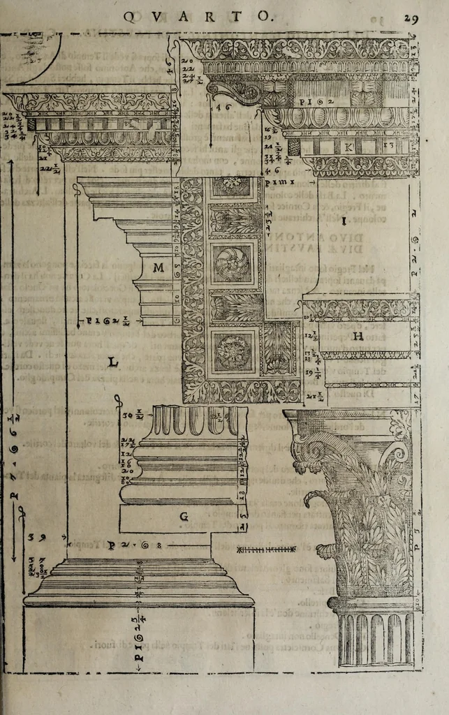 An illustration from L'architettura di Andrea Palladio diuisa in quattro libri : ne' quali, dopò vn breue trattato de' cinque ordini, et di quelli auertimenti, c[he] sono più necessarij nel fabricare : si tratta delle case priuate, delle vie, dei ponti, delle piazze, dei xisti, et de tempij, 1642, leaf 233