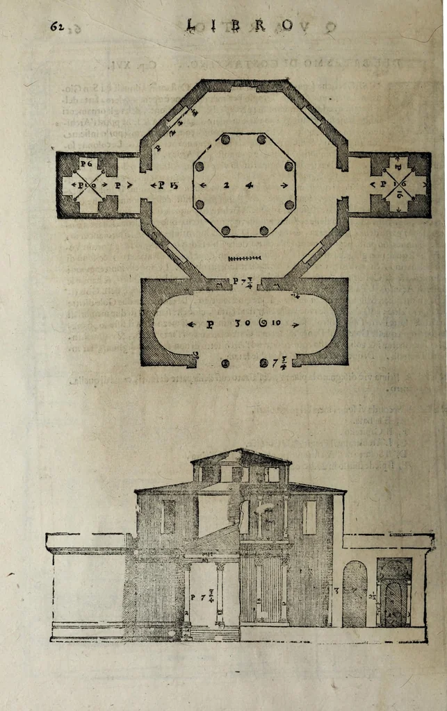 An illustration from L'architettura di Andrea Palladio diuisa in quattro libri : ne' quali, dopò vn breue trattato de' cinque ordini, et di quelli auertimenti, c[he] sono più necessarij nel fabricare : si tratta delle case priuate, delle vie, dei ponti, delle piazze, dei xisti, et de tempij, 1642, leaf 268