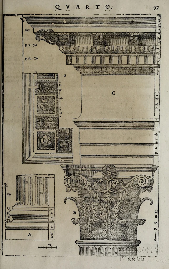 An illustration from L'architettura di Andrea Palladio diuisa in quattro libri : ne' quali, dopò vn breue trattato de' cinque ordini, et di quelli auertimenti, c[he] sono più necessarij nel fabricare : si tratta delle case priuate, delle vie, dei ponti, delle piazze, dei xisti, et de tempij, 1642, leaf 303