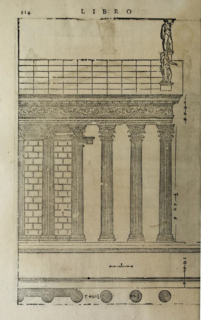 An illustration from L'architettura di Andrea Palladio diuisa in quattro libri : ne' quali, dopò vn breue trattato de' cinque ordini, et di quelli auertimenti, c[he] sono più necessarij nel fabricare : si tratta delle case priuate, delle vie, dei ponti, delle piazze, dei xisti, et de tempij, 1642, leaf 320